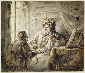 Ein orientalischer Prinz, dem der Mann ein Schwert überreicht